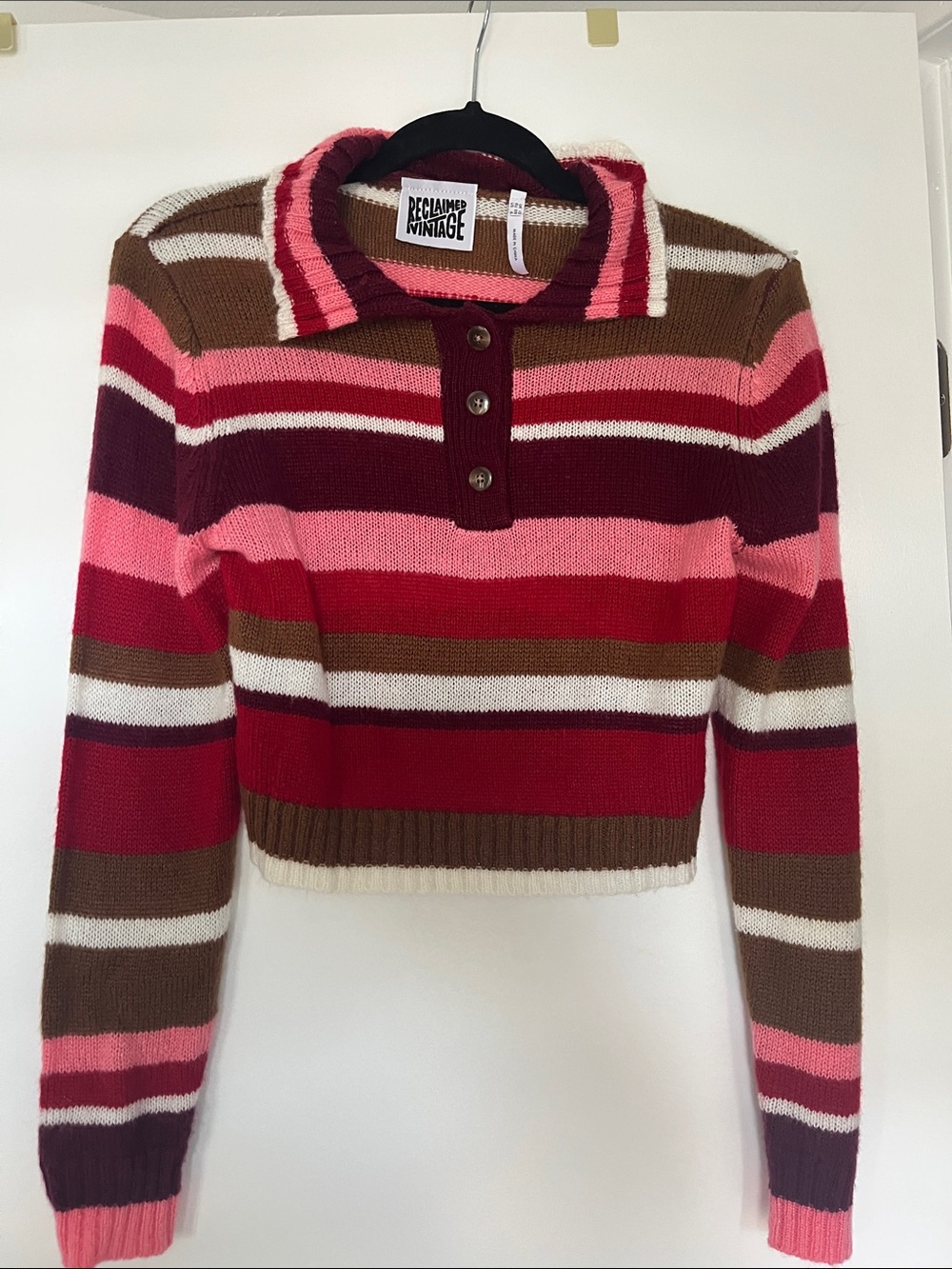 Reclaimed Vintage Cropped Polo Sweater in Pink, Red & Brown Tone Stripes